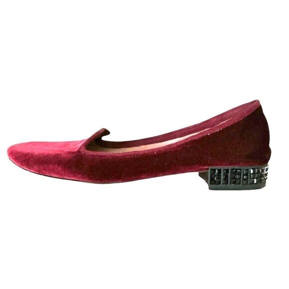 Elorie Deep Burgundy Velvet Loafers with Black Rhinestones on Heel 9 - Picture 1 of 7